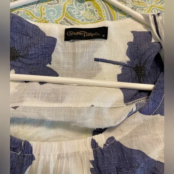 Christine Phillipe Tunic Size M White Blue Leaf Pattern Fit & Flare Layered - Picture 4 of 5